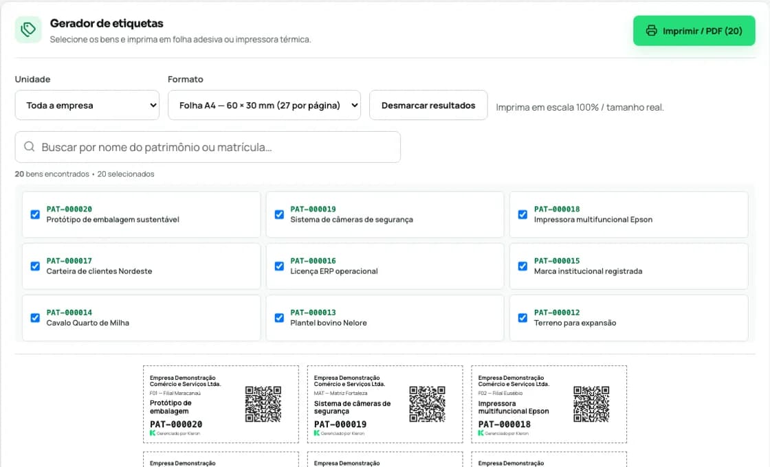 Gerador real de etiquetas patrimoniais do sistema Kleron
