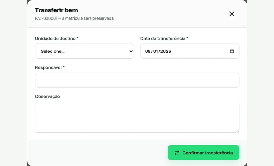 Formulário real de transferência de bem no sistema Kleron
