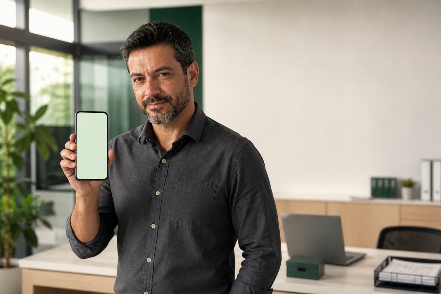 O mesmo empresário confiante, segurando o celular com a operação patrimonial organizada